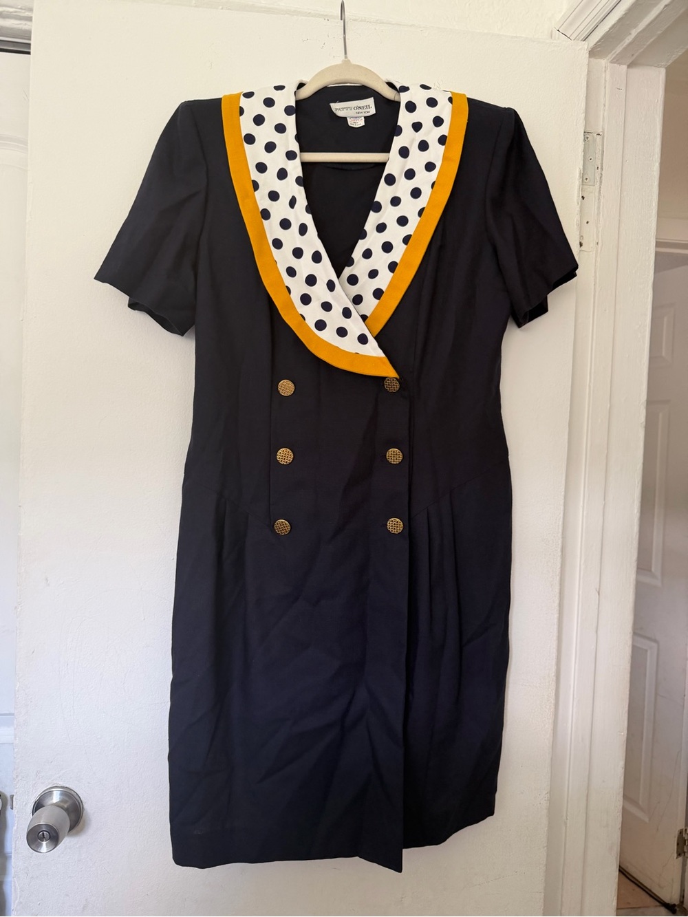 Navy Polka Dot Collar Double-Breasted Midi Dress with Mustard Trim